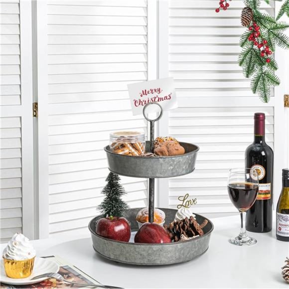 Farmhouse 2 Tiered Galvanized Serving Tray Stand with Handle, Rustic Metal Tray - Picture 4 of 6